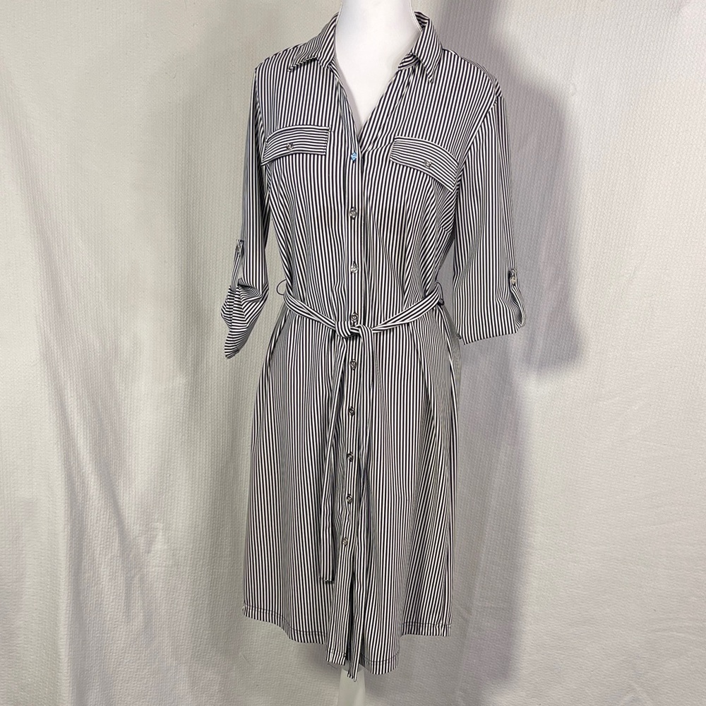 Mlle Gabrielle Black and White Striped Long Sleeve Dress